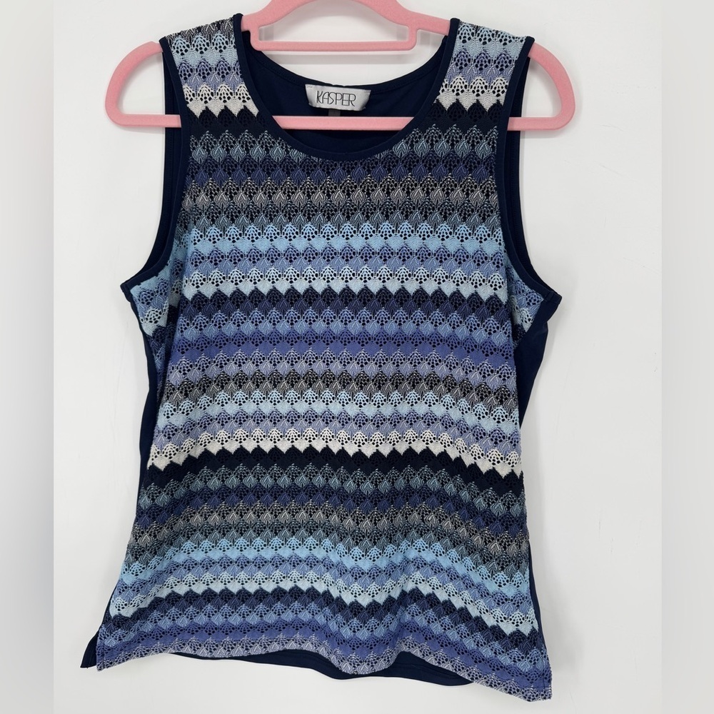 Kasper Women's Navy + Blue Gradient Sleeveless 90's Crochet Knit Tank Size Large